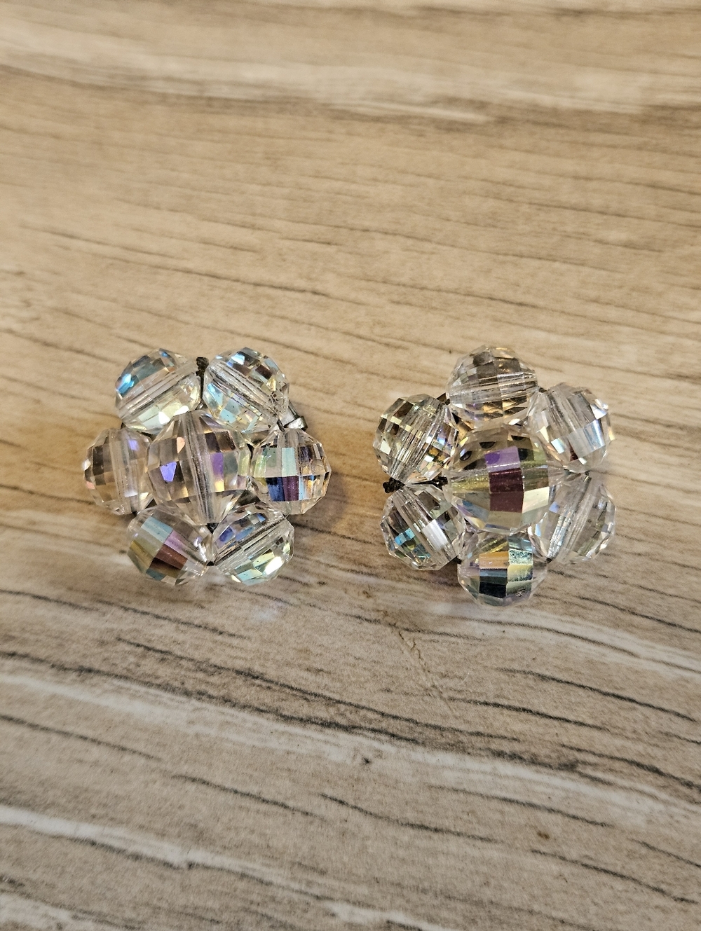 Vintage Aurora Borealis Cluster Faceted Crystal Beaded Clip-on Earrings